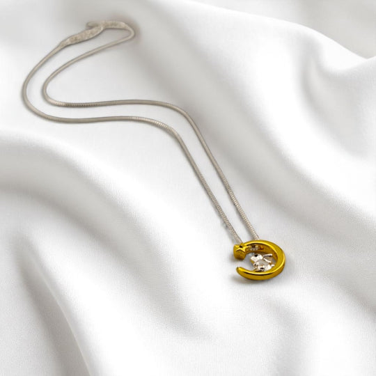 Stylish silver and gold moon rabbit necklace full view – RossJewelrys