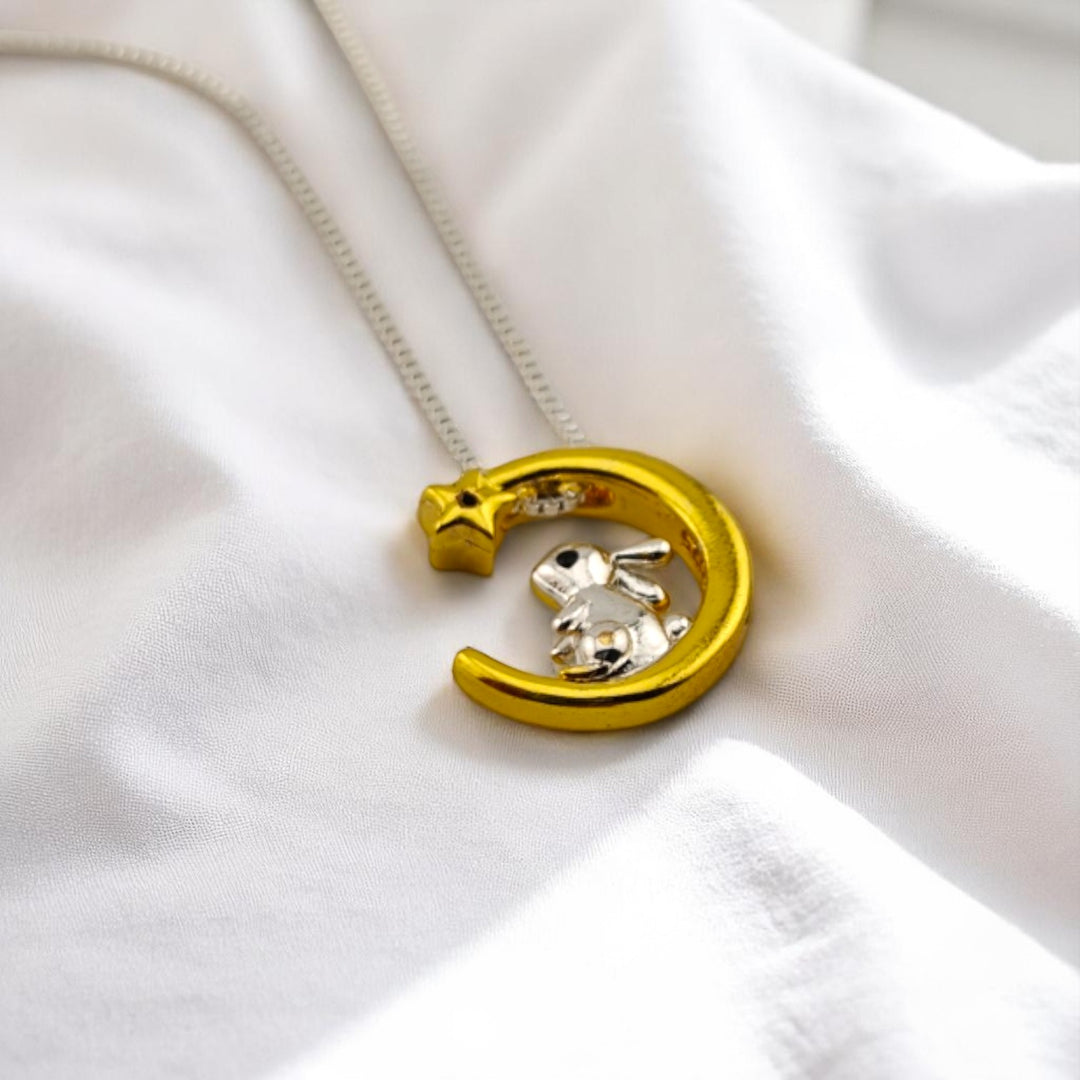 Elegant bunny sitting in golden moon pendant – RossJewelrys