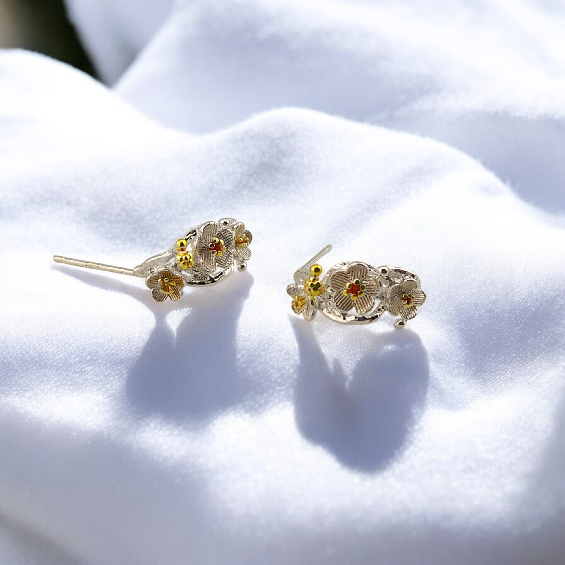 Rear view showing the structure and post of the floral climber earrings