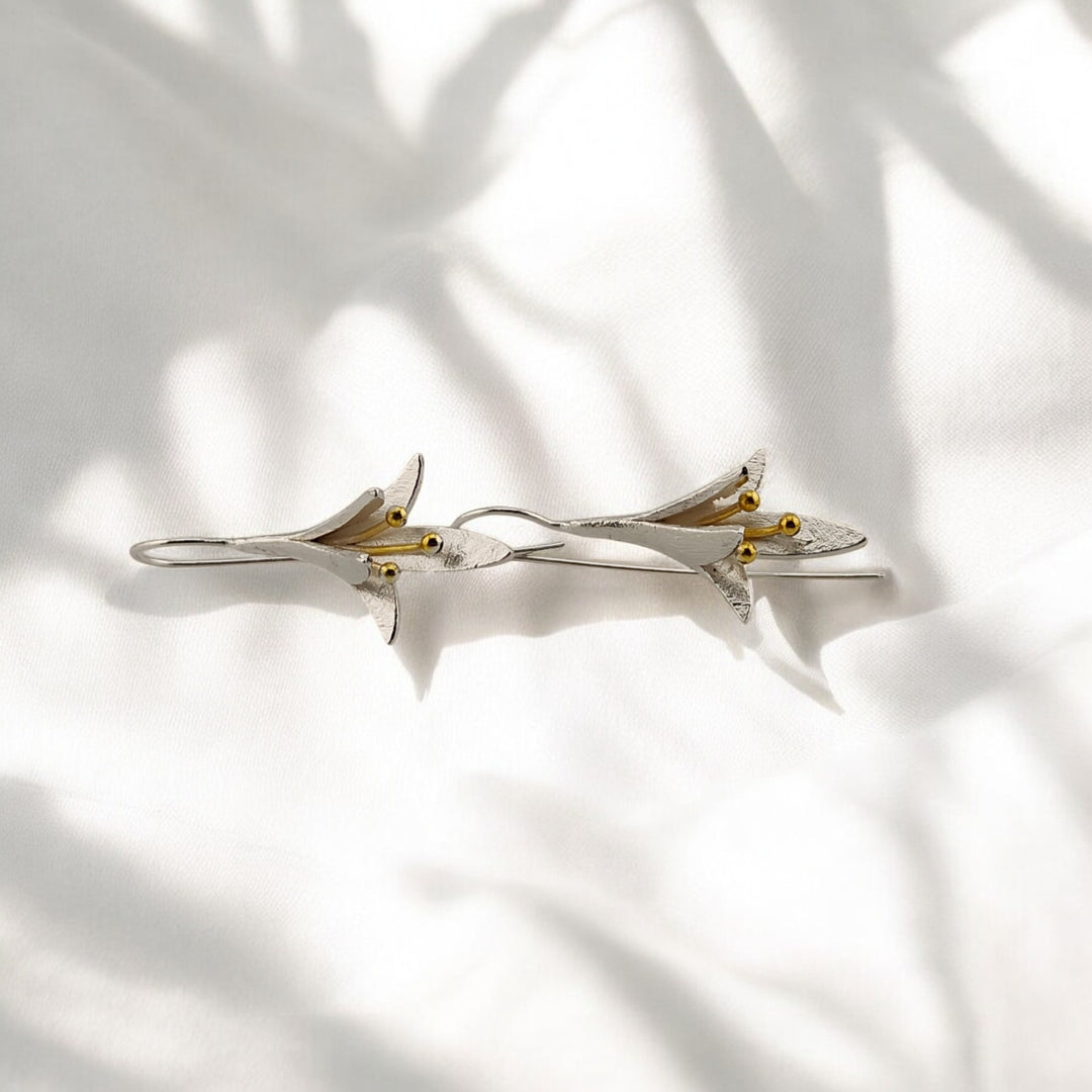 Rear view of the earrings showcasing the petal design in silver