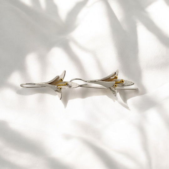 Rear view of the earrings showcasing the petal design in silver