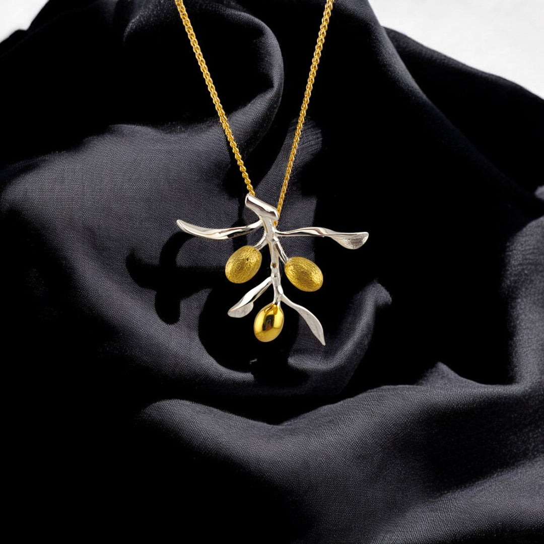 Minimalist olive design necklace with gold-plated fruits and silver leaves – RossJewelrys