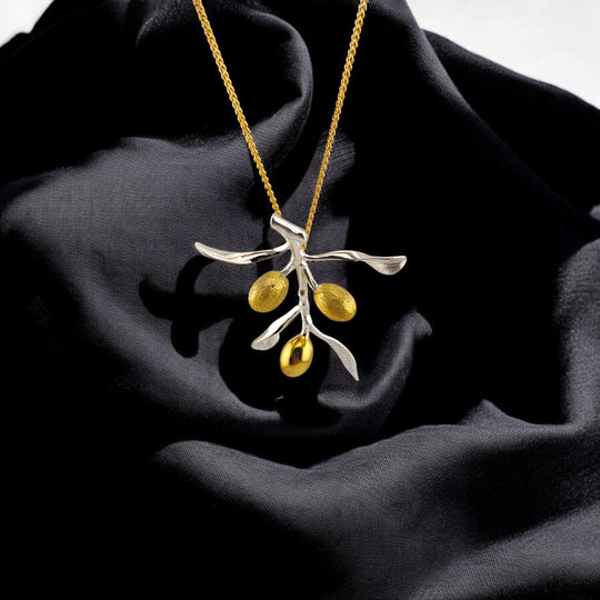 Minimalist olive design necklace with gold-plated fruits and silver leaves – RossJewelrys