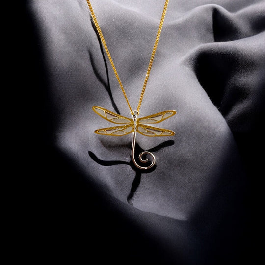 Golden dragonfly pendant paired with matching gold chain – RossJewelrys design.

