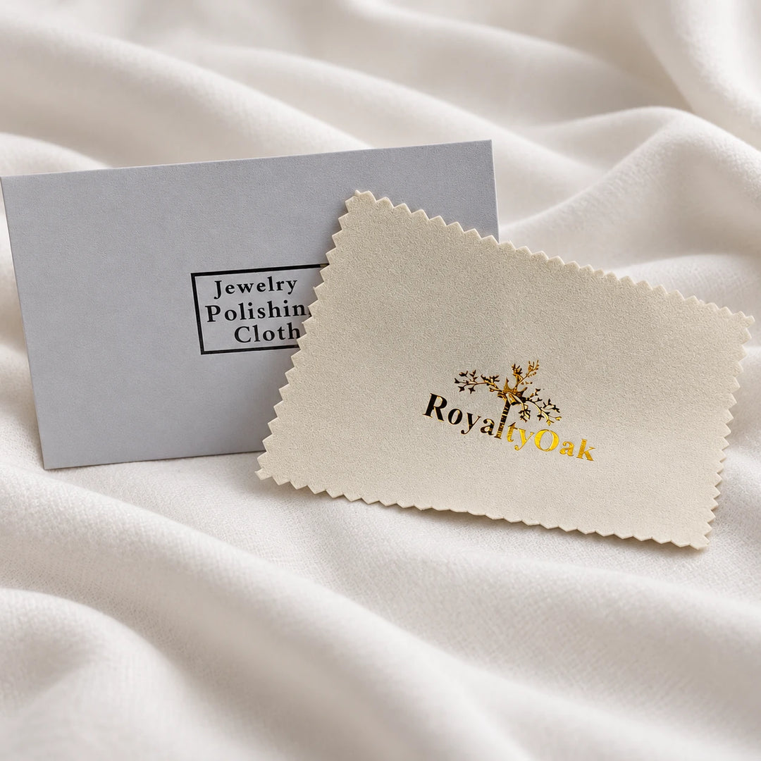 RoyaltyOak jewelry polishing cloth beside its labeled storage envelope