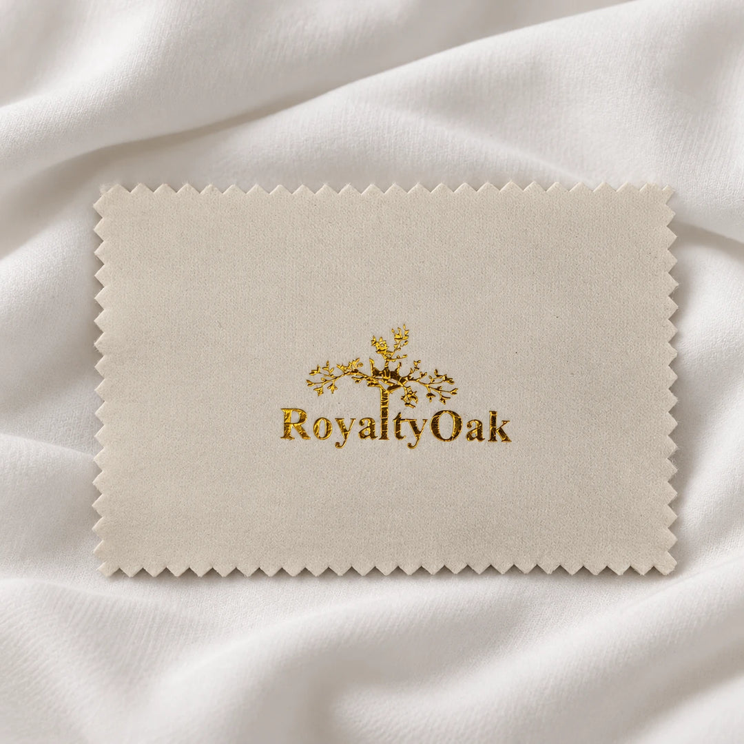 Close-up of the RoyaltyOak logo on the jewelry polishing cloth