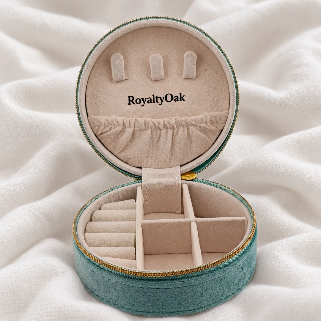 Open teal travel jewelry case showing ring rolls, necklace hooks and storage compartments